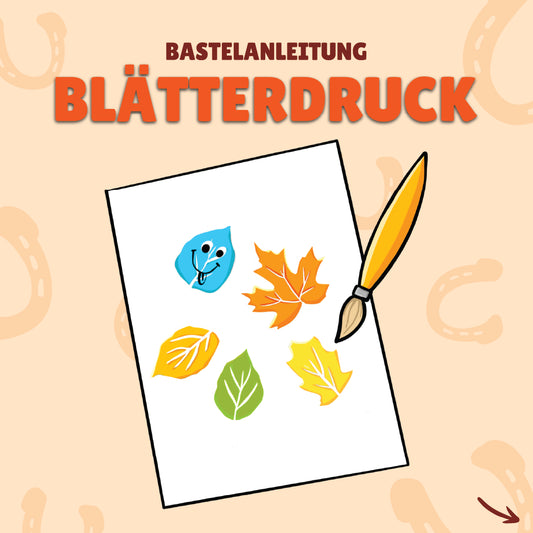 Bastelanleitung Blätterdruck. Ein Blatt Papier mit bunt gedruckten Blättern und ein orangener Pinsel